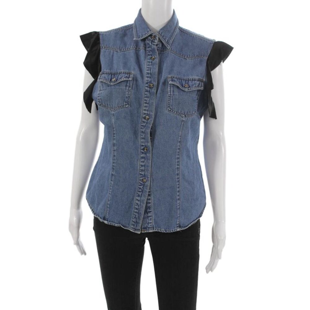 Aquarius Cocktail Women Denim Collared Sleeveless Button Up Blouse Size S